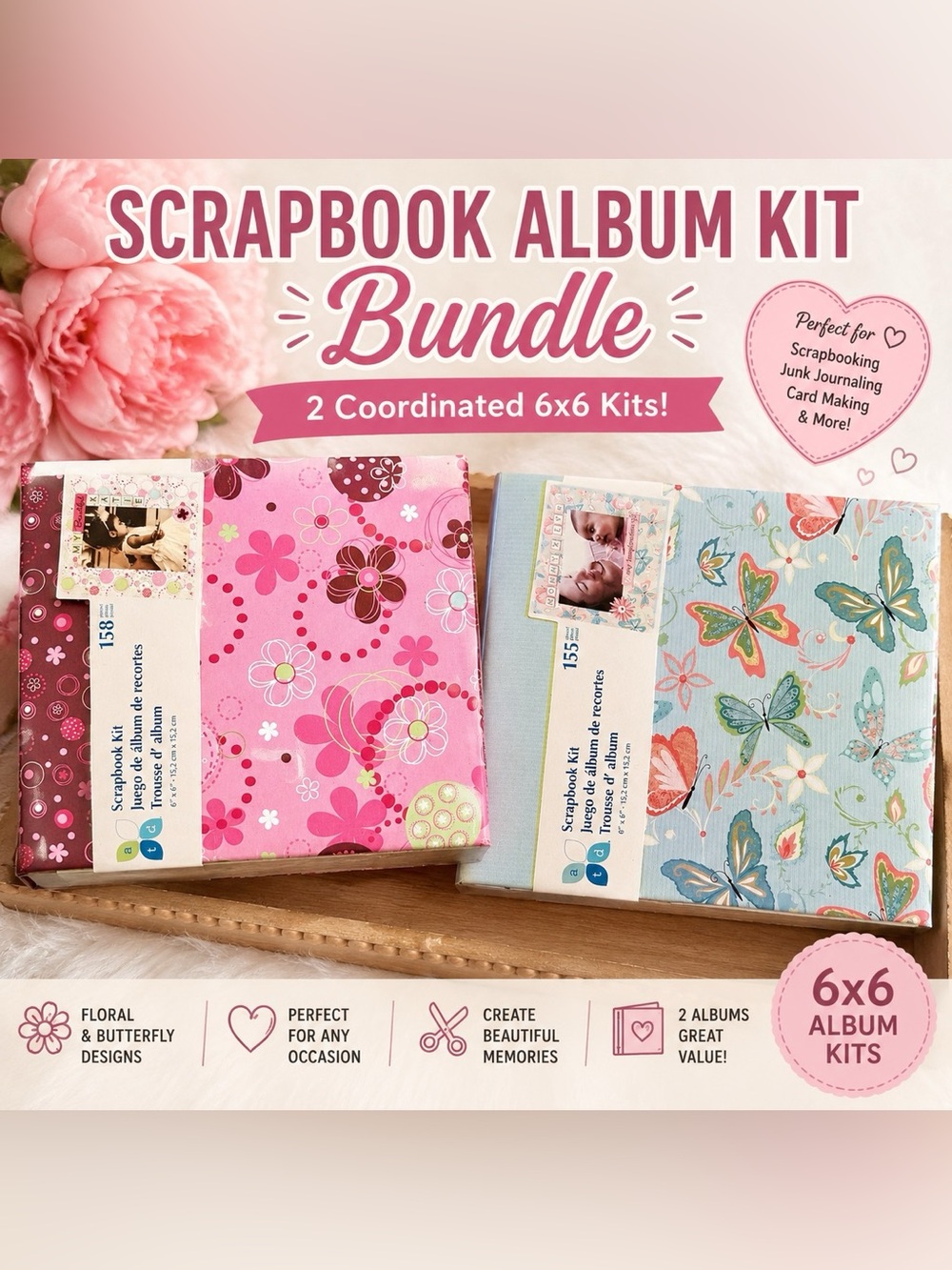 Momenta ATD 6x6 Scrapbook Album Kit Bundle Floral Butterfly Paper‎ Craft Set